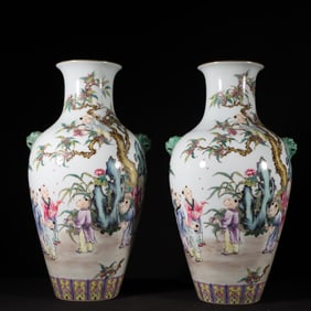 A pair of Qing Dynasty Yongzheng pastel figure fishtail bottles