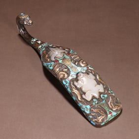 A piece of Han copper inlaid turquoise stone wrong gold and silver inlaid with jade animal pattern