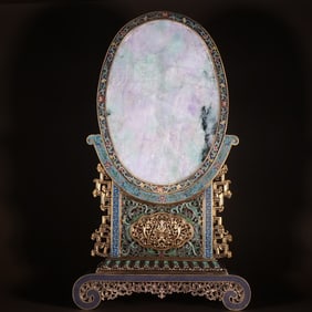 A piece of Qing Dynasty gilt painting, enamel inlay, violet tricolor jadeite, carved landscape