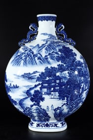 A blue and white character story, landscape pattern, amphora holding moon bottle