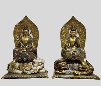 A pair of cloisonné enamel Manjushri Puxian