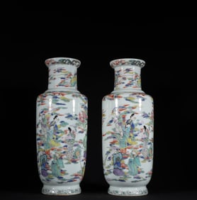 A pair of Qing Dynasty Qianlong pastel figures auspicious cloud stick bottles