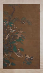 A Lu Ji flower and bird silk vertical scroll
