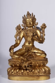 A Qing Dynasty bronze gilt green Tara seated statue