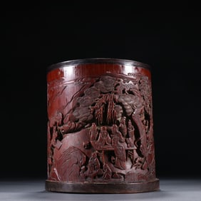 A piece of Gu Yu's bamboo carved mountain stone character pen holder