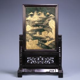 A Qing Dynasty rosewood inlaid Hetian jasper painted gold figure landscape interstitial