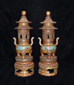 A pair of cloisonné hand-filigree five-story tower smokers