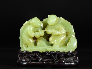 A piece of Qing Hetian jade topaz and two immortal ornaments