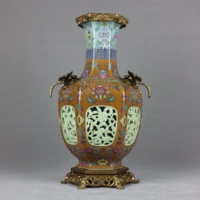 A pastel hollow copper dragonfly amphora hexagonal bottle