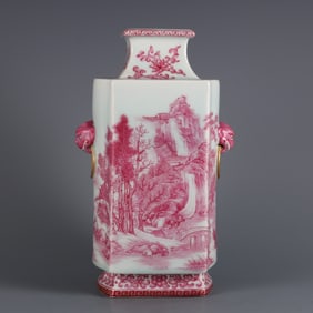 A piece of the Qianlong year of the Qing Dynasty carmine color landscape character story square