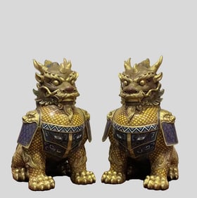 A pair of cloisonné enamel beast unicorns