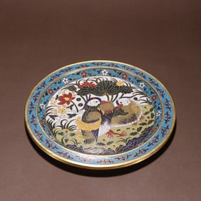 A Ming Dynasty gilt cloisonne mandarin duck plate