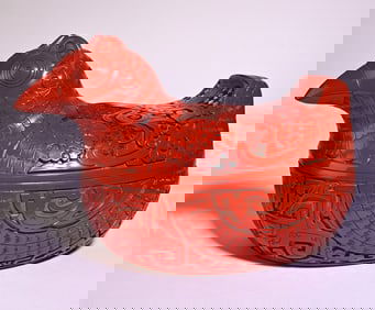 A piece of lacquerware, red mandarin duck box, study ornaments