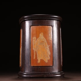 A mahogany inlaid bamboo carved figure pen holder
