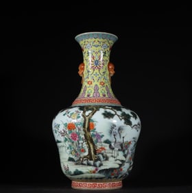 A piece of Qing Dynasty Qianlong pastel pine crane prolonged animal ear bottle