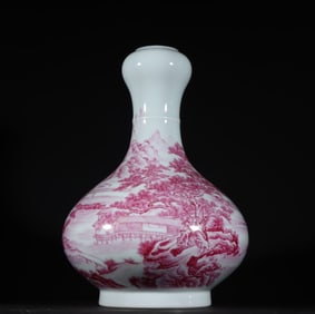 A piece of Qing Dynasty Qianlong carmine landscape pavilion garlic bottle