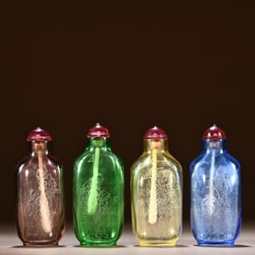A set of glass-carved "fishermen and plough reading" snuff bottles
