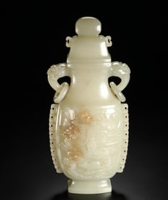 A piece of Hetian jade carved Panasonic character story double beast ear appreciation bottle