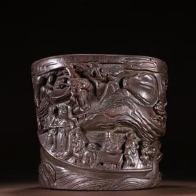 A late Qing Dynasty agarwood carved landscape figure crossing the river picture pen holder
