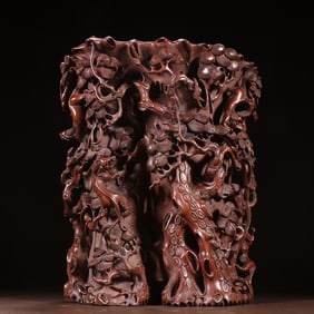 A piece of Qing boxwood hollow high relief dragon pine pen holder