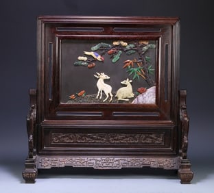 A piece of Qing Dynasty red sandalwood end stone hundred treasures embedded with "Fu Lu Suxi"