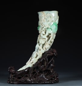 A piece of Qing Dynasty old jadeite A goods hollow carved dragon pattern horn cup