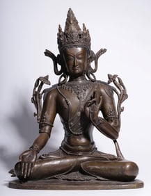 A Qing Dynasty alloy bronze and silver Baosheng Buddha seated statue
