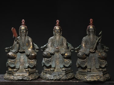 A set of bronze gold rubbing Taoist Buddha statues of the Three Qing Buddhas
