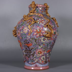 A piece of Qianlong in the Qing Dynasty pastel purple ground entwined branch lotus panlong plum