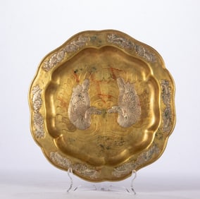 A copper inlaid silver mandarin duck plate