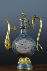 A piece of copper gilt cloisonne inlay and Tian jade entwined flower and bird wine jug