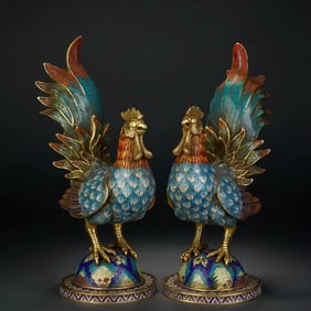 A pair of copper-gilt cloisonné cloisonné enamel brocade chickens