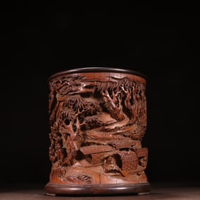 A piece of Qing Dynasty its auspicious bamboo carving "Fisherman's Pleasure" pen holder