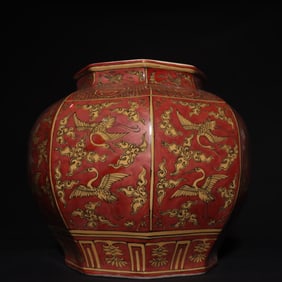 A Ming Dynasty Jiajing yellow red cloud crane pattern eight-sided jar