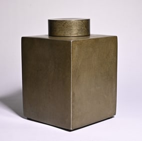 A piece of pewter, tea canist, scholar's ornament