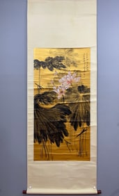 An original old mounted lotus scroll on gold paper
