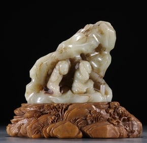 A piece of Qing Hetian jade carving baby play picture Shanzi with Shoushan stone base ornament