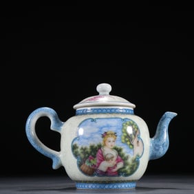 A piece of blue material, a flower open window, a painting, an enamel figure teapot