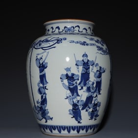 A large jar of Qing Kangxi blue and white figures
