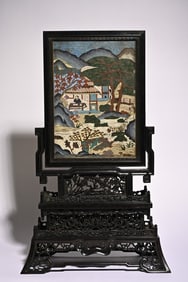 A piece of rosewood inlaid cloisonné enamel landscape figure interstitial ornament