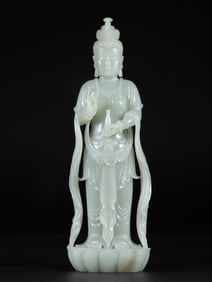 A Qing Dynasty Xinjiang Hetian jade seed material Guanyin Bodhisattva statue