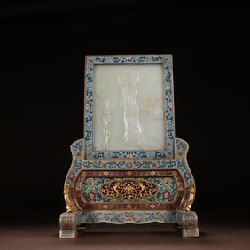 A Qing Dynasty gilt cloisonne inlay with Hetian jade carving maid poem interstitial