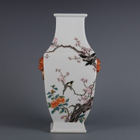 A piece of Qianlong in the Qing Dynasty pastel flower and bird pattern animal ear square bottle
