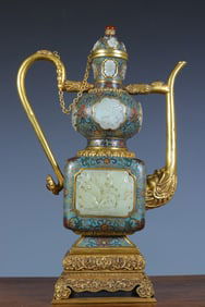 One piece of copper gilt cloisonne inlay Hetian jade floral flask