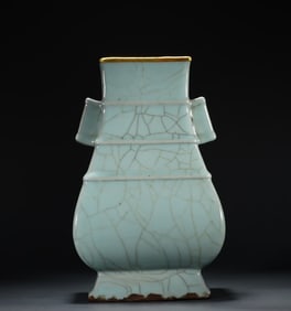 A Song official kiln blue glaze silver-gilt square ear bottle