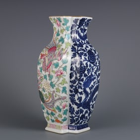 A piece of Qing Qianlong year blue and white plus pastel dragon and phoenix wear flower square
