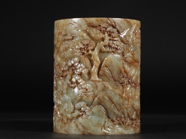 A piece of Qing Hetian jade seed material Matsuyama visiting friends picture pen holder