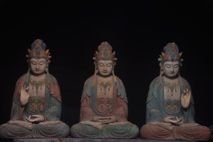 A set of old wood carvings "The Three Saints of the East" Bodhisattva statue