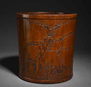 An old Tibetan boxwood floral pen holder study ornament