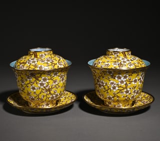 A pair of enamel colored plum blossom bowls for study ornaments